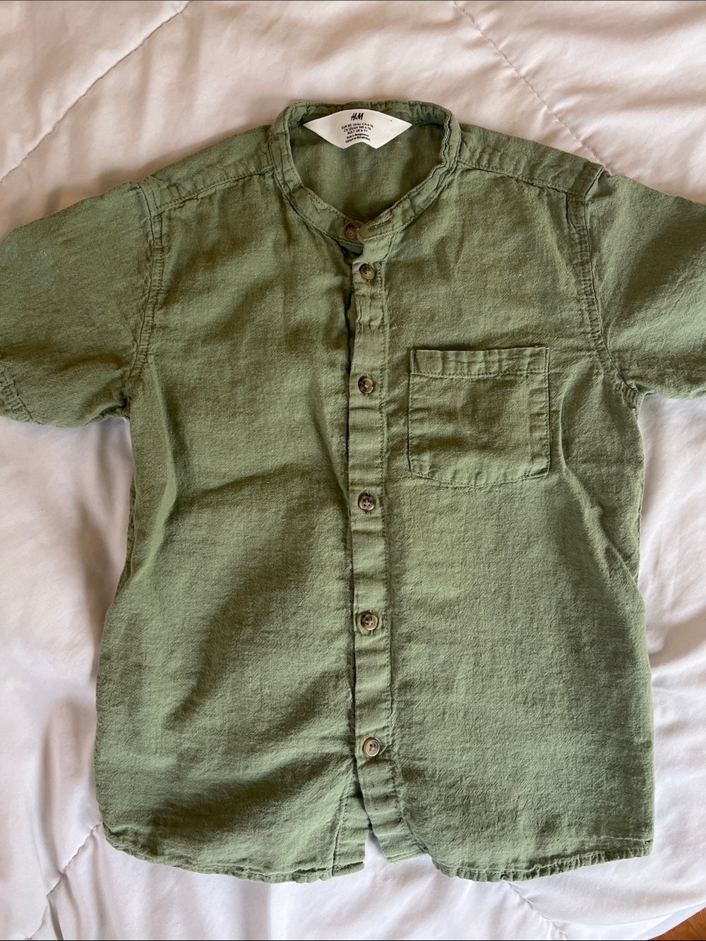 H&M Olive Kids 5 Short-Sleeve Band-Collar Button-Down Linen Shirt